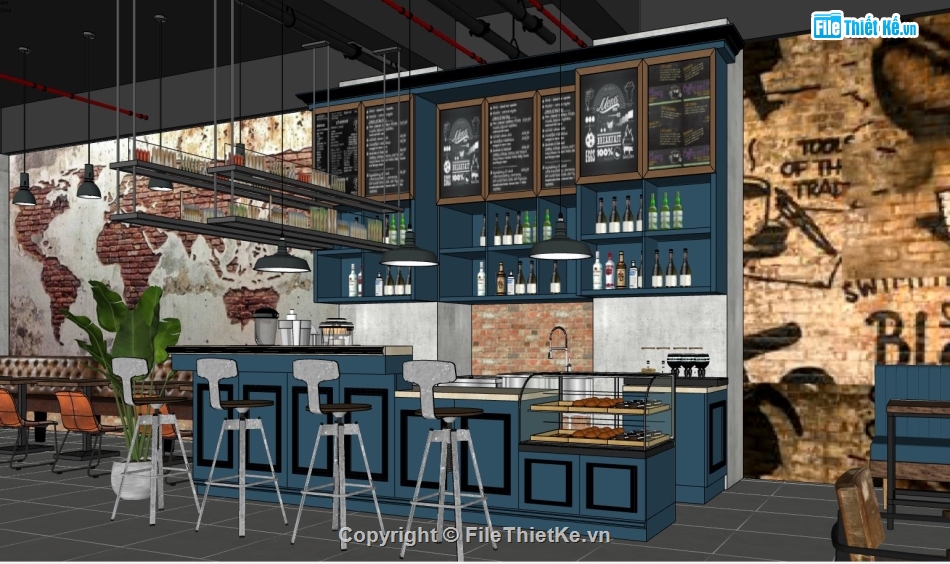 quán cà phê sketchup,nội thất quán cà phê sketchup,model 3d su nội thất quán cà phê,thiết kế nội thất quán cà phê
