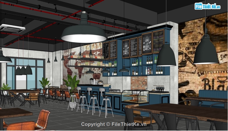 quán cà phê sketchup,nội thất quán cà phê sketchup,model 3d su nội thất quán cà phê,thiết kế nội thất quán cà phê