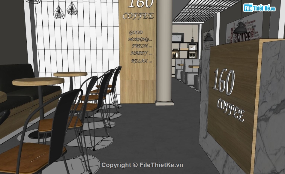 quán cà phê sketchup,nội thất quán cà phê,model su nội thất quán cà phê