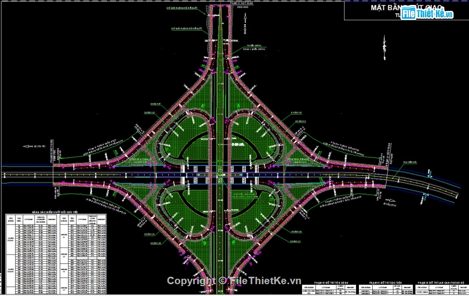 Nút giao khác mức,Nút giao hoa thị hoàn chỉnh,Phối cảnh nút giao hoa thị,mẫu nút giao hoa thị,bản vẽ và tính toán nút giao hoa thị