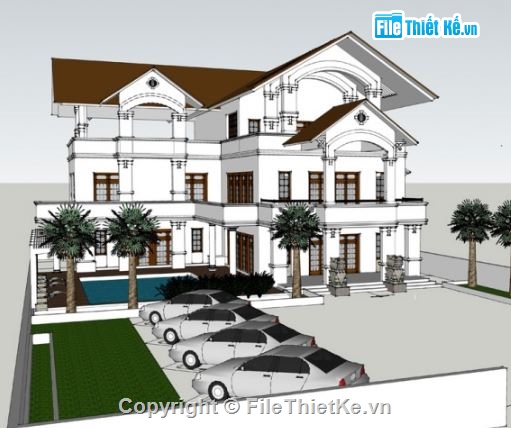 sketchup Biệt thự  3 tầng,biệt thự hiện đại,biệt thự mái thái