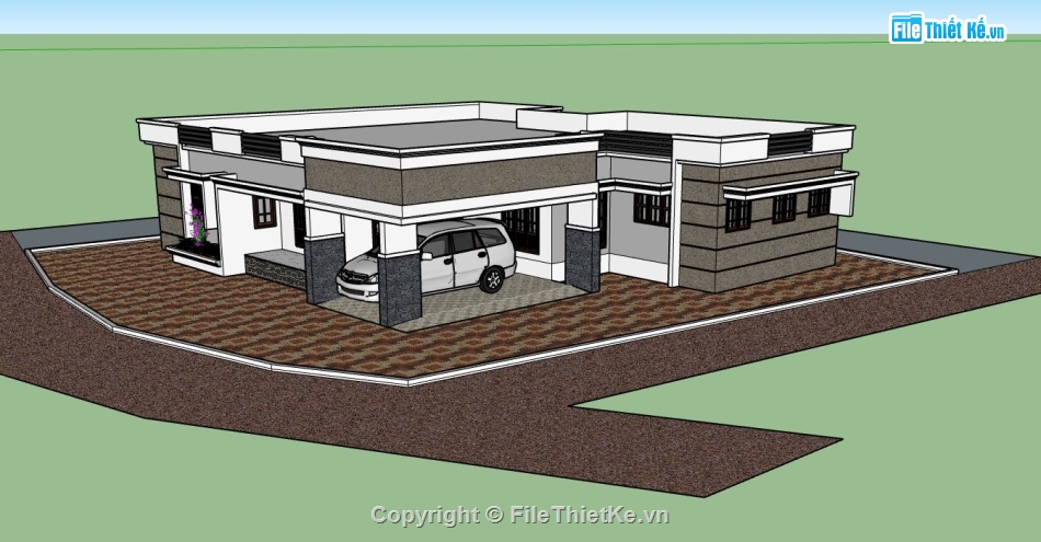 Biệt thự 1 tầng,mẫu sketchup biệt thự 1 tầng,biệt thự 1 tầng mái bằng