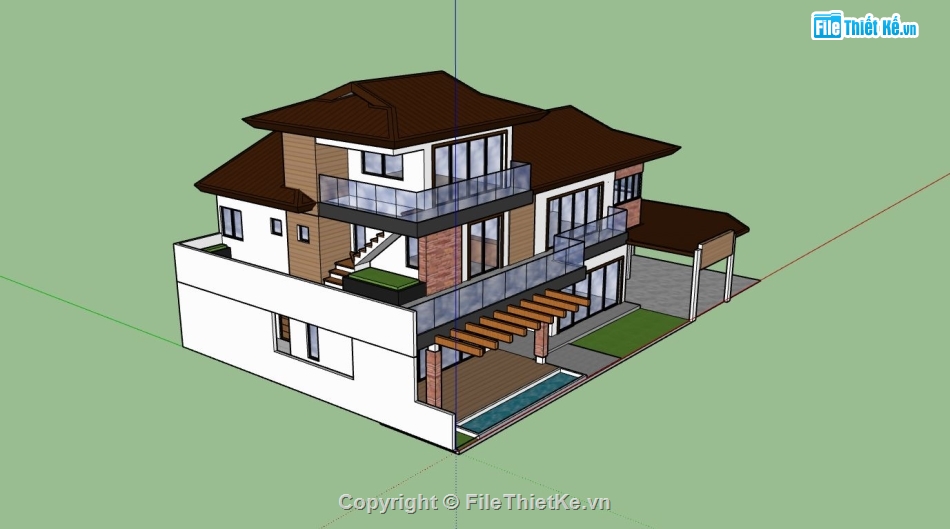 biệt thự 2 tầng,biệt thự 2 tầng 1 tum,sketchup phối cảnh biệt thự,biệt thự 2 tầng rưỡi