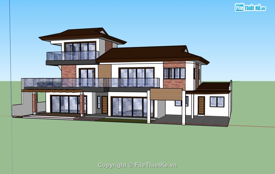 biệt thự 2 tầng,biệt thự 2 tầng 1 tum,sketchup phối cảnh biệt thự,biệt thự 2 tầng rưỡi