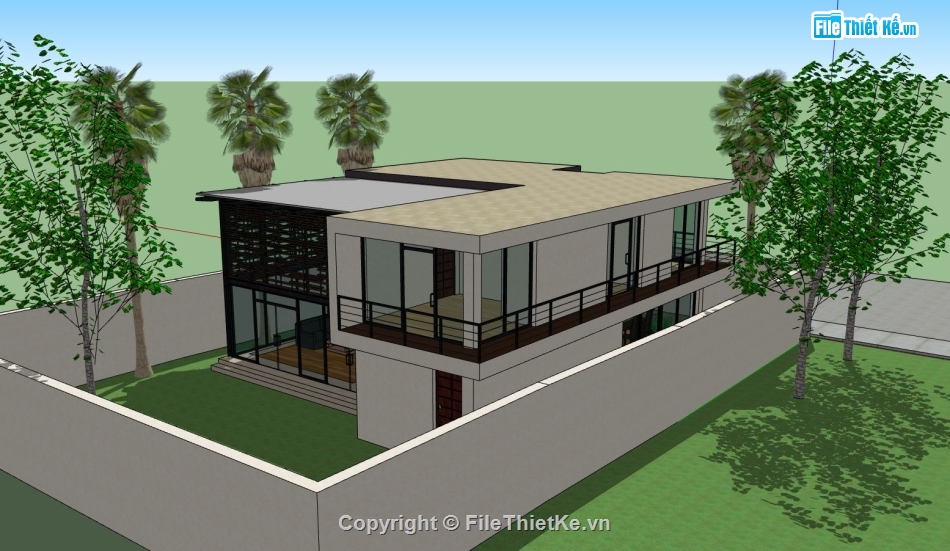 biệt thự 2 tầng,Phối cảnh biệt thự,file sketchup biệt thự 2 tầng,model su biệt thự 2 tầng