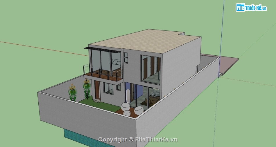 biệt thự 2 tầng,Phối cảnh biệt thự,file sketchup biệt thự 2 tầng