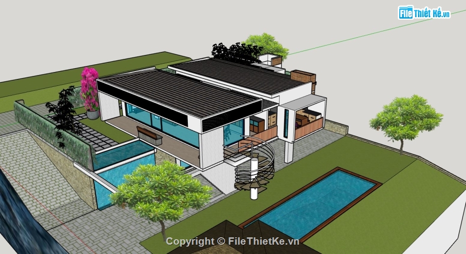 Phối cảnh biệt thự,biệt thự 2 tầng,biệt thự nghỉ dưỡng,file sketchup biệt thự 2 tầng