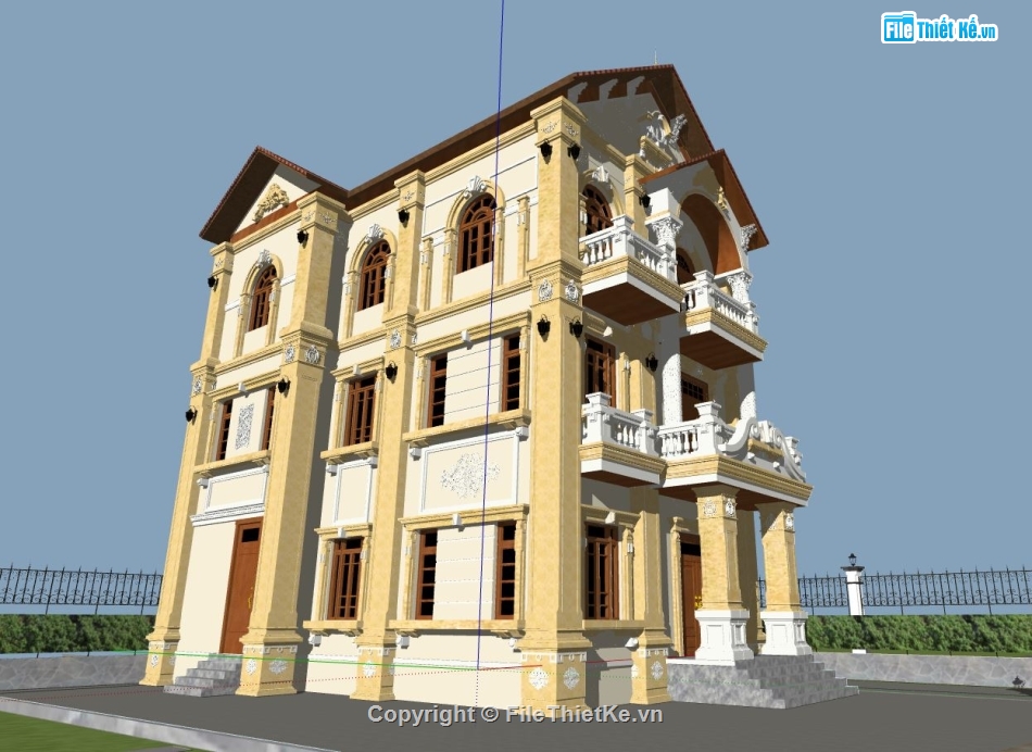 Phối cảnh biệt thự 3 tầng,biệt thự cổ điển 3 tầng,model biệt thự 3 tầng,file sketchup biệt thự 3 tầng