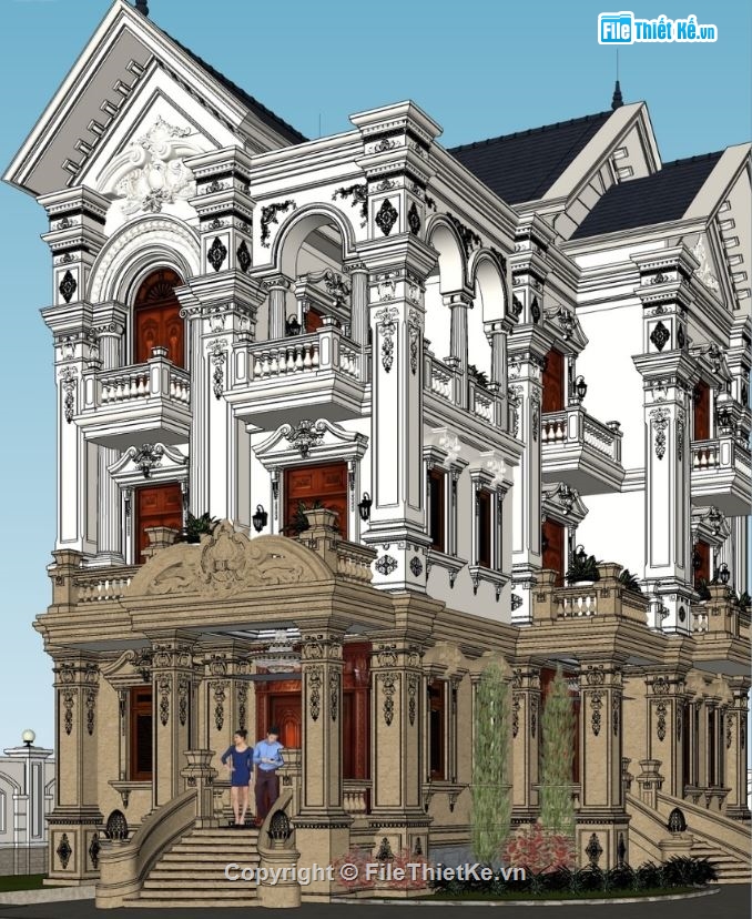 Phối cảnh biệt thự,biệt thự cổ điển 3 tầng,biệt thự sketchup