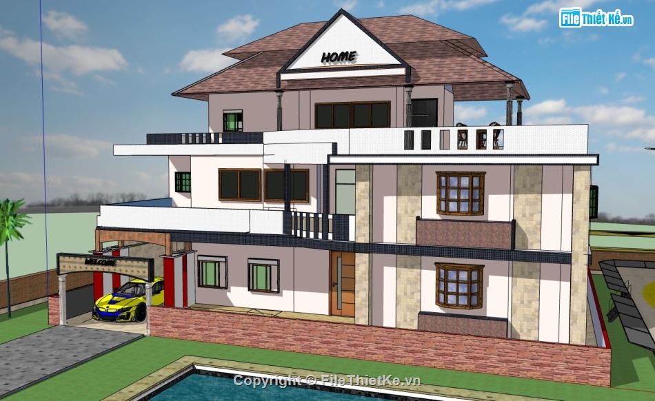 Phối cảnh biệt thự,file skechup biệt thự,model sketchup biệt thự