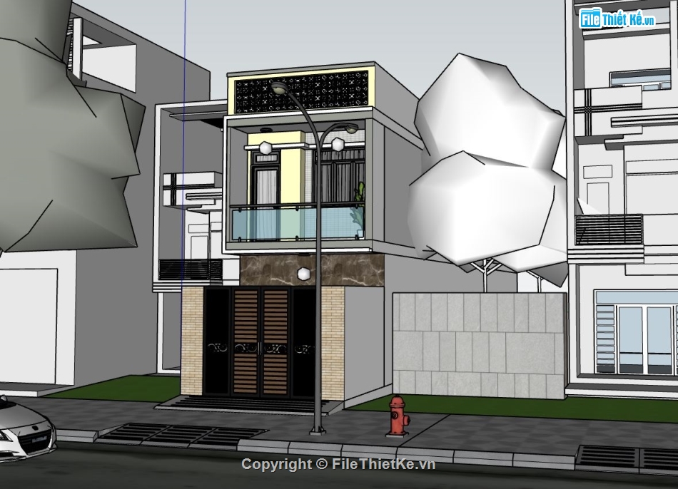 nhà phố  2 tầng,file su nhà phố 2 tầng,phối cảnh nhà phố 2 tầng,kiến trúc nhà phố 2 tầng,sketchup nhà phố