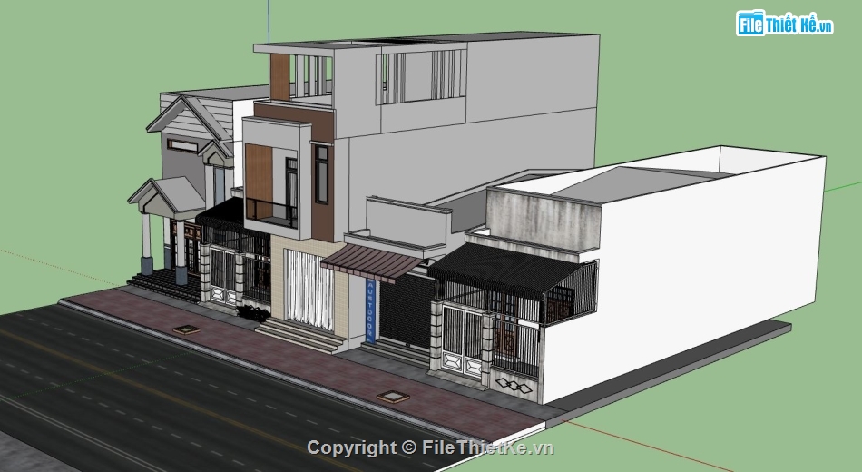 nhà phố 3 tầng,model sketchup nhà phố 3 tầng,thiết kế nhà phố hiện đại