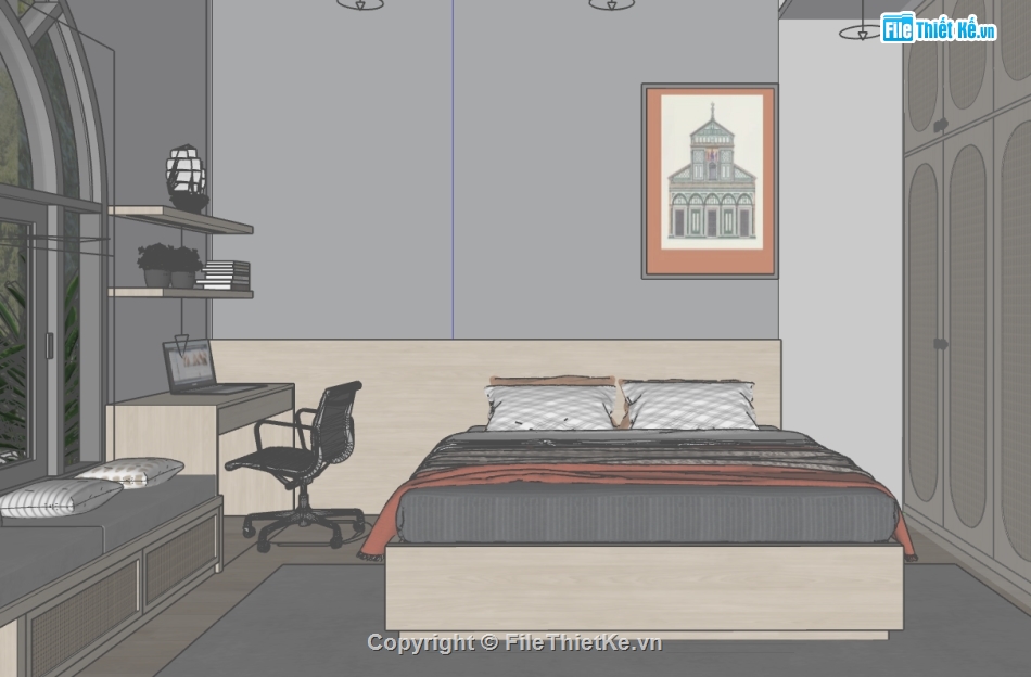 nội thất phòng ngủ dựng sketchup,thiết kế phòng ngủ hiện đại,dựng nội thất phòng ngủ