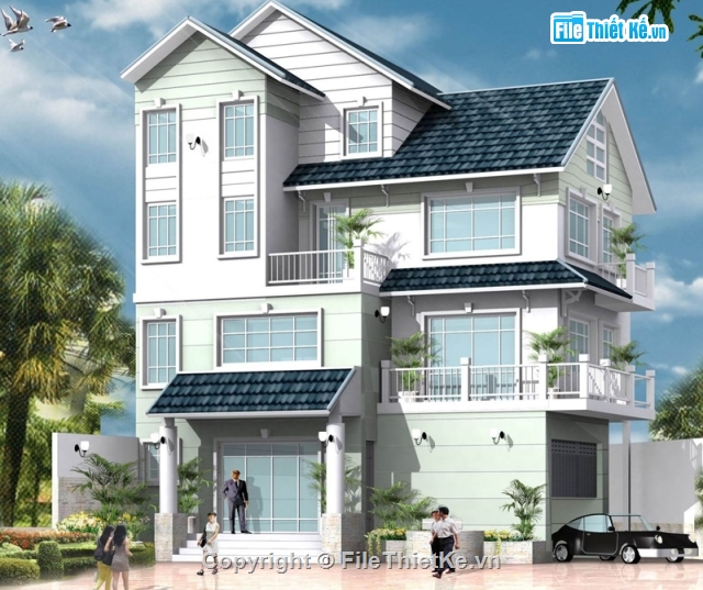 phương án thiết kế biệt thự 3 tầng kích thước 9x12,phương án biệt thự 3 tầng KT9x12 m,biệt thự kích thước 9x12 cao 3 tầng