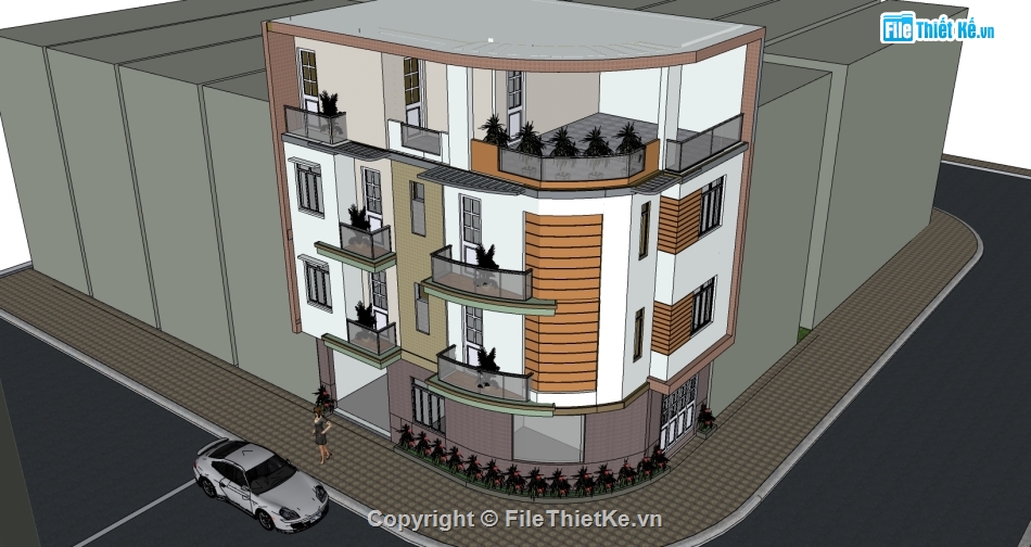 bản vẽ nhà góc phố 4 tầng Kt 7.4x11.5m,bản vẽ nhà phố 4 tầng 7.5x11.4,file sketchup nhà phố 4 tầng