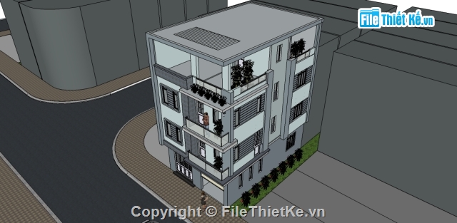 Phương án thiết kế nhà phố 3.5 tầng,Phương án thiết kế nhà phố 3.5 tầng KT 7.5x11.4m,File sketchup và mặt bằng nhà phố 3.5T