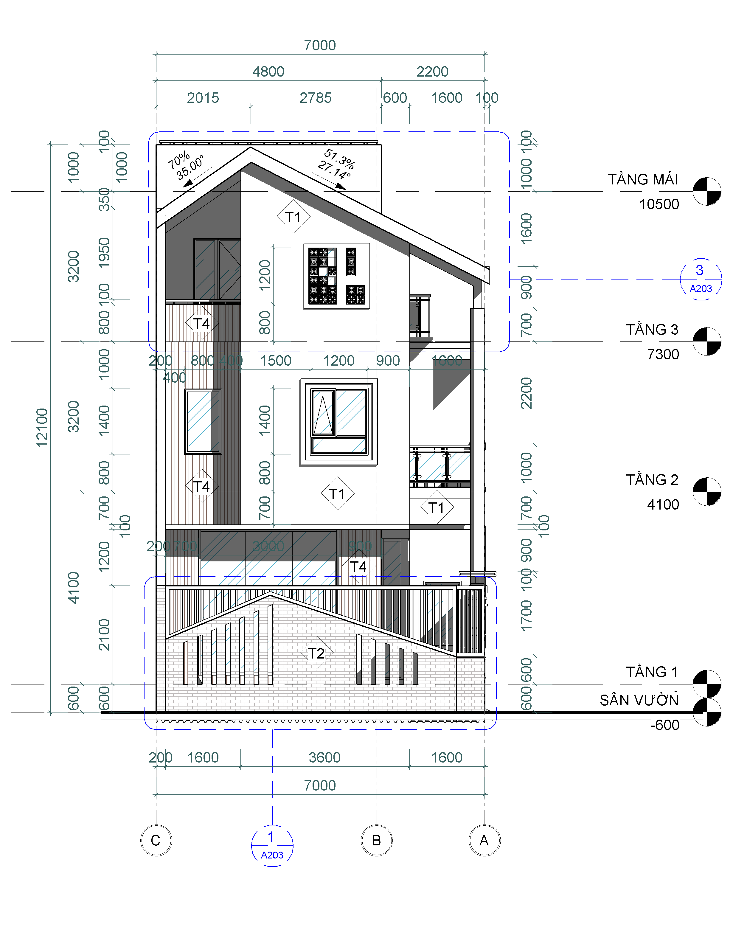 revit nhà phố 2 mặt tiền,mẫu nhà 2 mặt tiền,bản vẽ nhà phố 7x22m