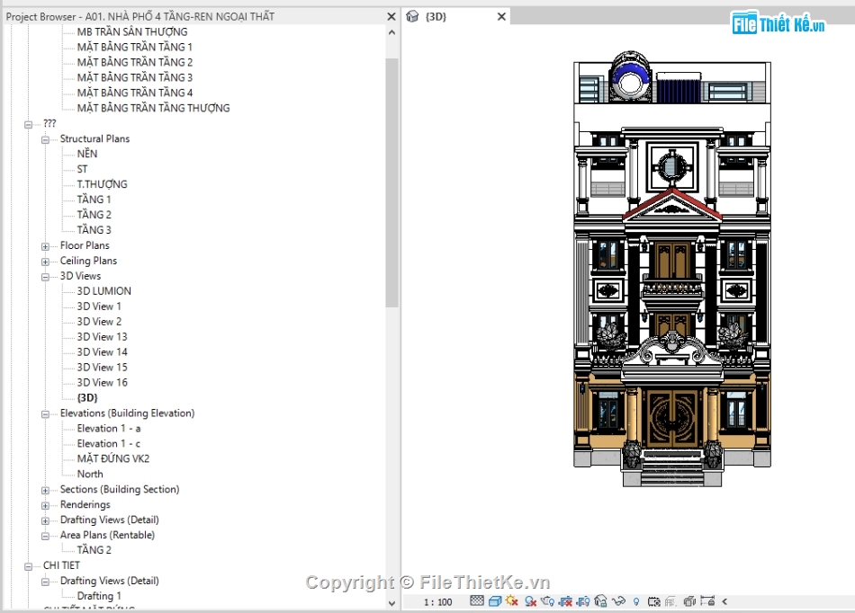 kiến trúc Biệt thự 4 tầng,file revit biệt thự,revit biệt thự 4 tầng,mẫu revit biệt thự phố 4 tầng,mẫu biêt thự phố 4 tầng 9.23x20.965m