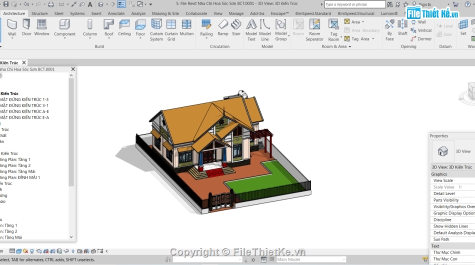 biệt thự revit 8.3x15.14m,Biệt thự nhà vườn revit,Revit nhà vườn mái thái,kiến trúc revit biệt thự,biệt thự 1 tầng 8.3x15.14m