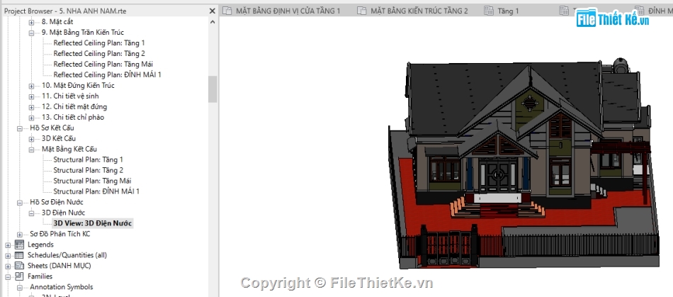 biệt thự revit 8.3x15.14m,Biệt thự nhà vườn revit,Revit nhà vườn mái thái,kiến trúc revit biệt thự,biệt thự 1 tầng 8.3x15.14m