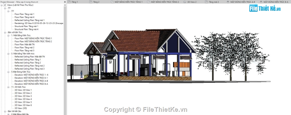 Bản vẽ revit nhà cấp 4,full kiến trúc 1 tầng 10.8x17.3m,nhà cấp 4 mái thái,kiến trúc mái thái,bản vẽ revit biệt thự 1 tầng