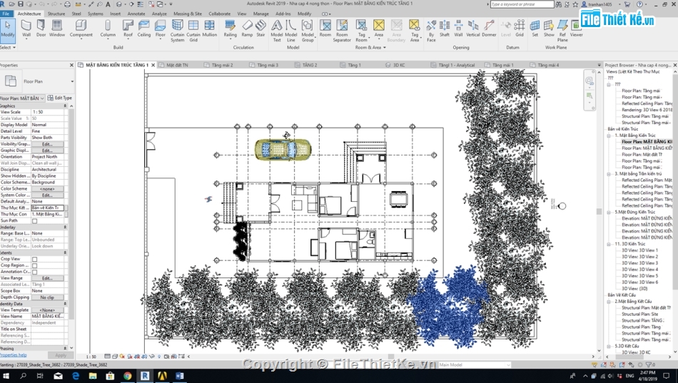 Bản vẽ revit nhà cấp 4,full kiến trúc 1 tầng 10.8x17.3m,nhà cấp 4 mái thái,kiến trúc mái thái,bản vẽ revit biệt thự 1 tầng