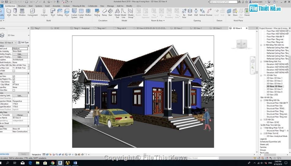 Bản vẽ revit nhà cấp 4,full kiến trúc 1 tầng 10.8x17.3m,nhà cấp 4 mái thái,kiến trúc mái thái,bản vẽ revit biệt thự 1 tầng