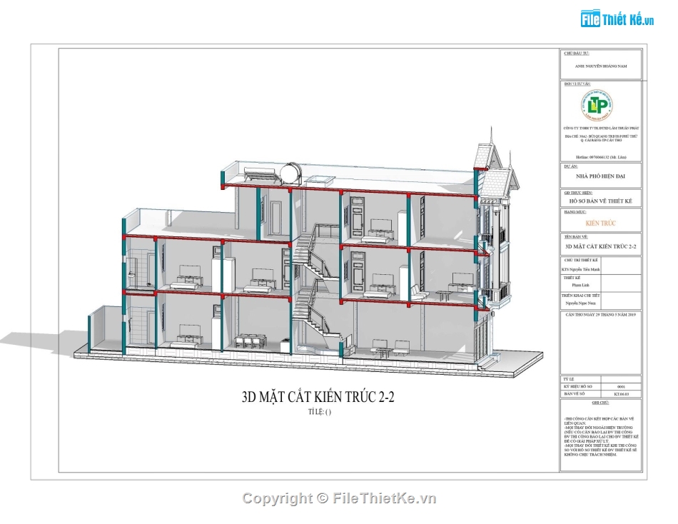 Thiết kế nhà phố 3 tầng,File revit nhà phố 3 tầng,Revit nhà phố 3 tầng,Revit 2019 Bản vẽ Nhà phố,Nhà phố 3 tầng 5x23.74m