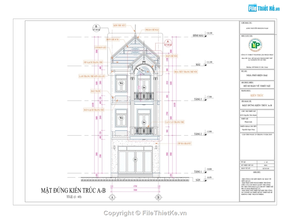 Thiết kế nhà phố 3 tầng,File revit nhà phố 3 tầng,Revit nhà phố 3 tầng,Revit 2019 Bản vẽ Nhà phố,Nhà phố 3 tầng 5x23.74m