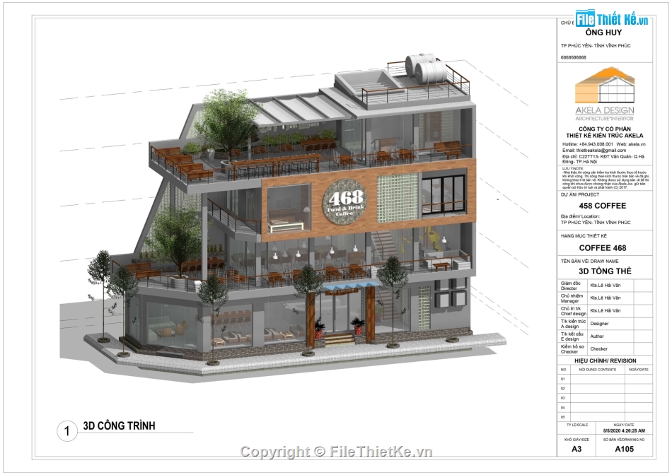 Revit quán cà phê,bản vẽ revit coffee,Revit Cafe 5.78x22m,bản vẽ revit nhà 3 tầng,thiết kế quán cafe 3 tầng 5.78x22m