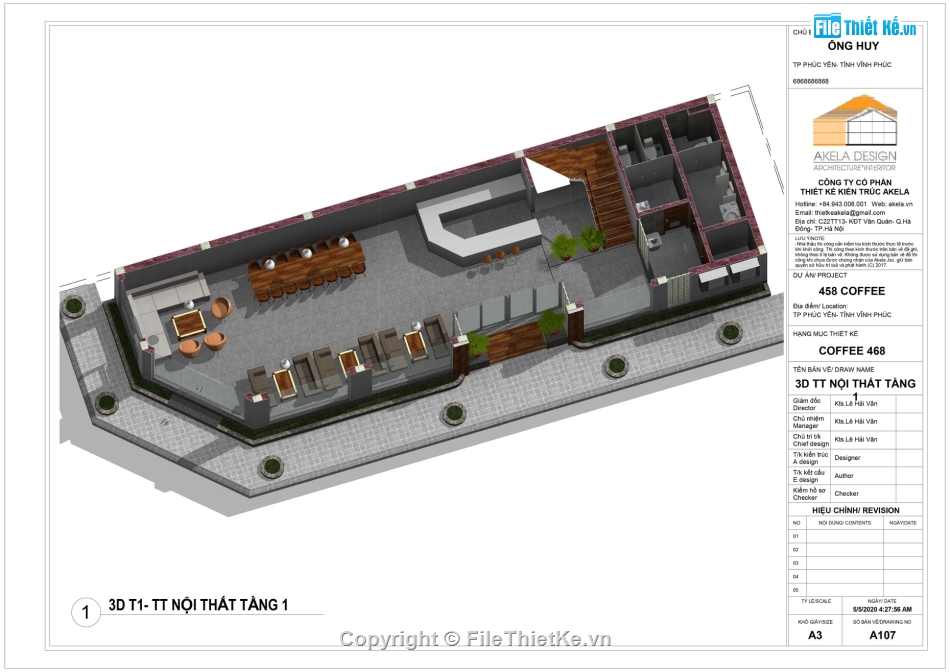 Revit quán cà phê,bản vẽ revit coffee,Revit Cafe 5.78x22m,bản vẽ revit nhà 3 tầng,thiết kế quán cafe 3 tầng 5.78x22m