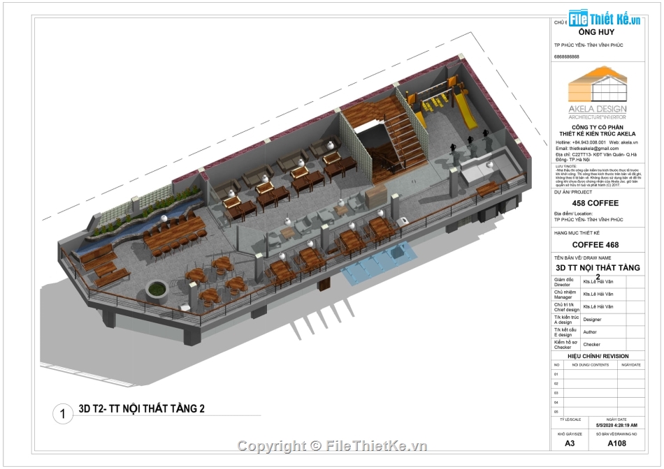 Revit quán cà phê,bản vẽ revit coffee,Revit Cafe 5.78x22m,bản vẽ revit nhà 3 tầng,thiết kế quán cafe 3 tầng 5.78x22m