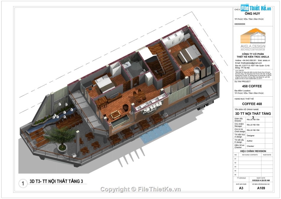 Revit quán cà phê,bản vẽ revit coffee,Revit Cafe 5.78x22m,bản vẽ revit nhà 3 tầng,thiết kế quán cafe 3 tầng 5.78x22m