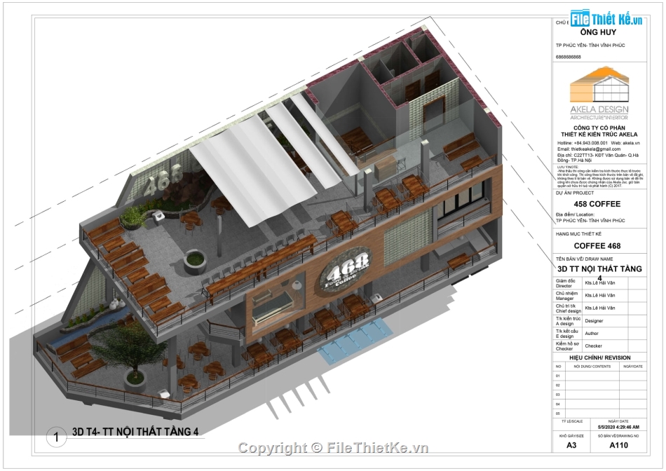 Revit quán cà phê,bản vẽ revit coffee,Revit Cafe 5.78x22m,bản vẽ revit nhà 3 tầng,thiết kế quán cafe 3 tầng 5.78x22m