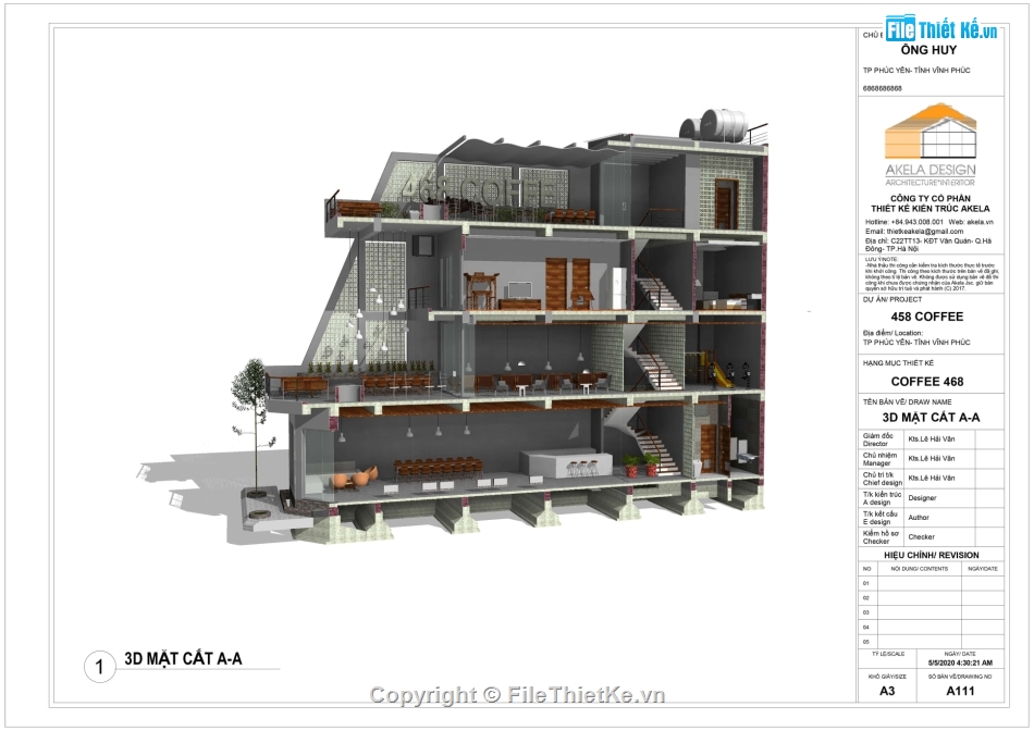 Revit quán cà phê,bản vẽ revit coffee,Revit Cafe 5.78x22m,bản vẽ revit nhà 3 tầng,thiết kế quán cafe 3 tầng 5.78x22m