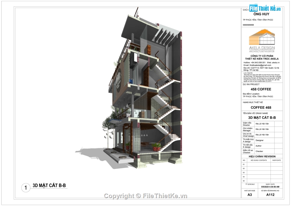 Revit quán cà phê,bản vẽ revit coffee,Revit Cafe 5.78x22m,bản vẽ revit nhà 3 tầng,thiết kế quán cafe 3 tầng 5.78x22m