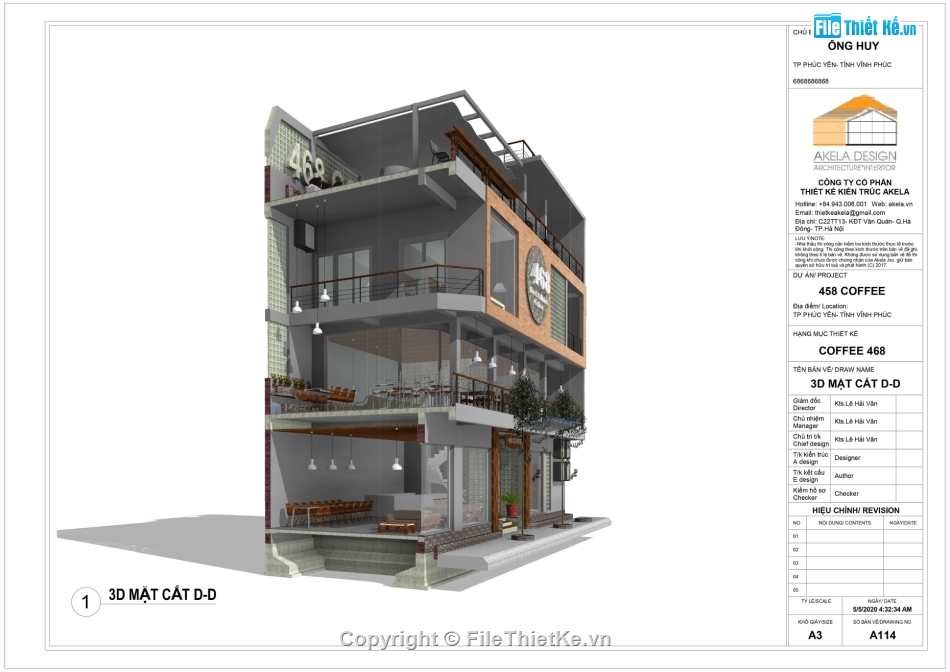 Revit quán cà phê,bản vẽ revit coffee,Revit Cafe 5.78x22m,bản vẽ revit nhà 3 tầng,thiết kế quán cafe 3 tầng 5.78x22m