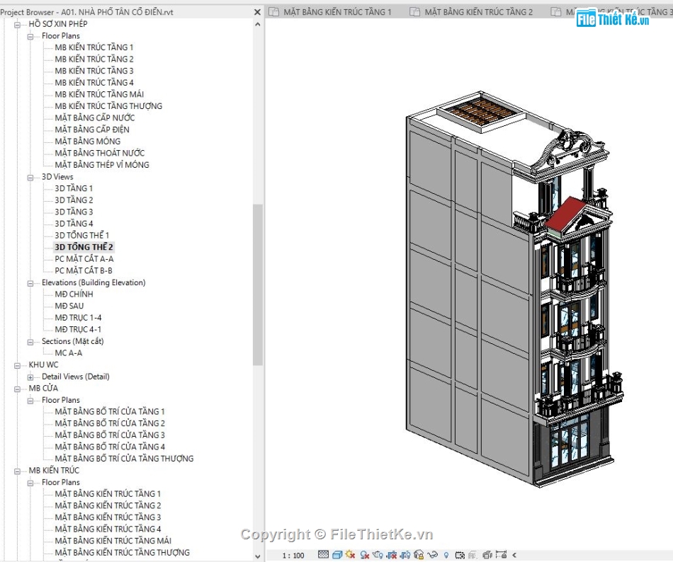 Nhà 4 tầng file revit,file revit nhà 4 tầng,File revit nhà 4 tầng tân cổ,Revit nhà 4 tầng tân cổ