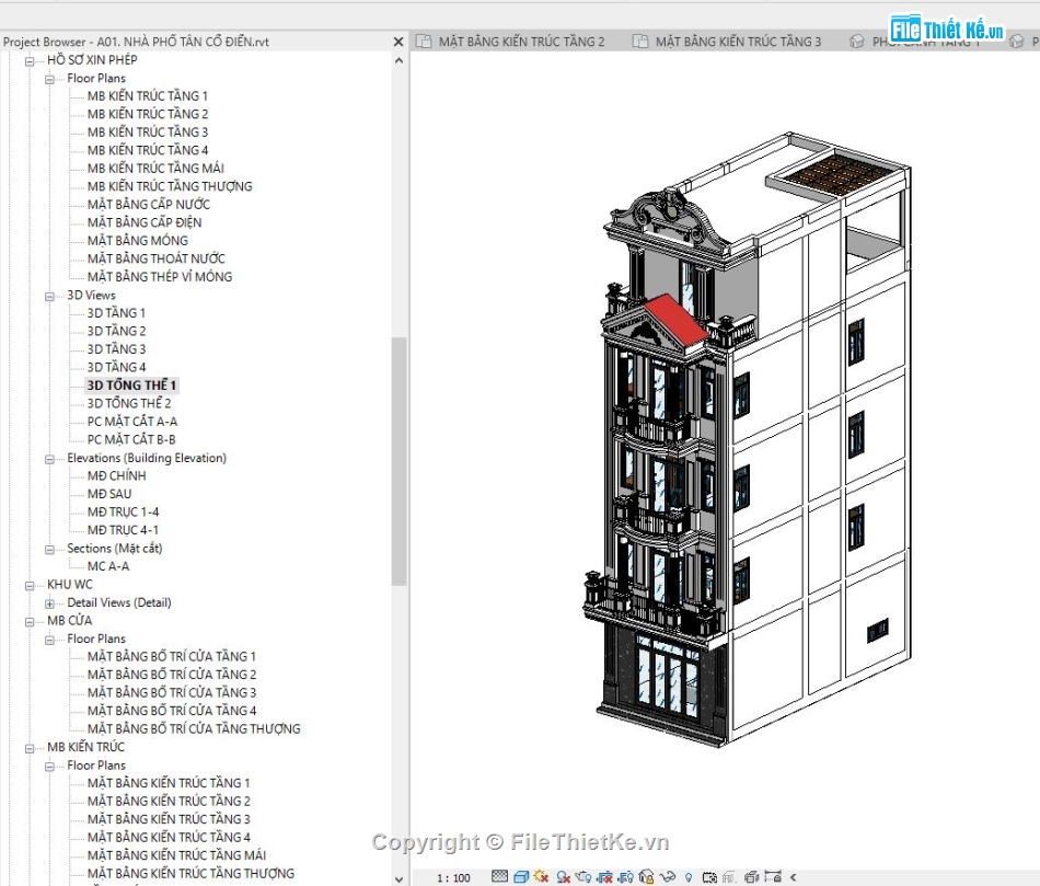 Nhà 4 tầng file revit,file revit nhà 4 tầng,File revit nhà 4 tầng tân cổ,Revit nhà 4 tầng tân cổ