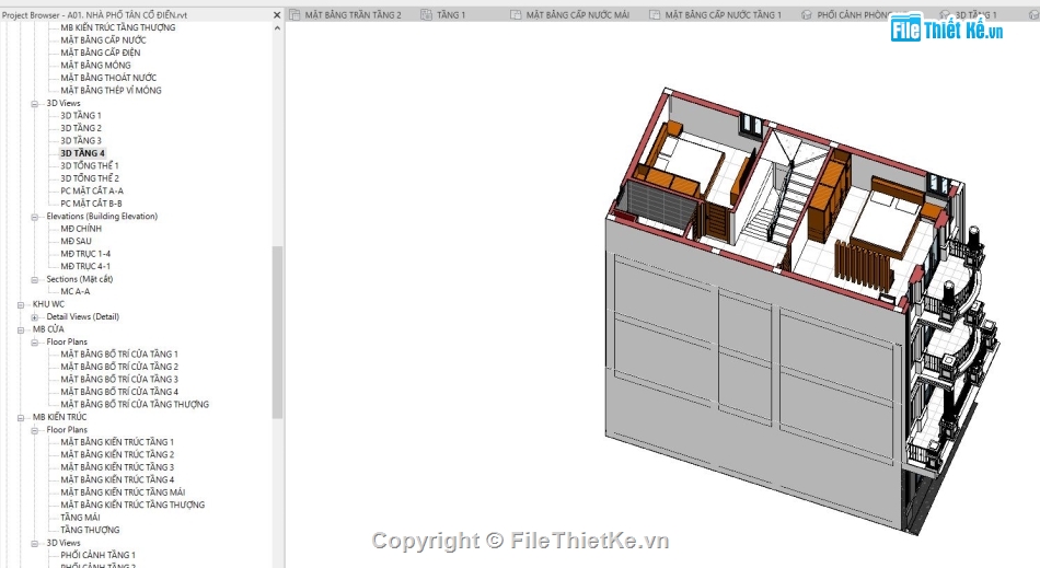 Nhà 4 tầng file revit,file revit nhà 4 tầng,File revit nhà 4 tầng tân cổ,Revit nhà 4 tầng tân cổ