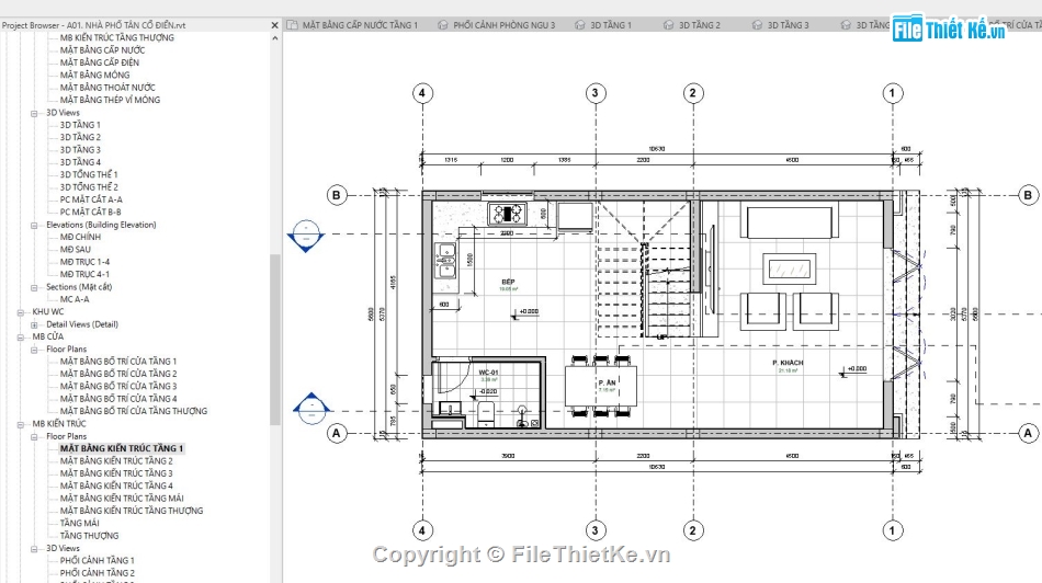 Nhà 4 tầng file revit,file revit nhà 4 tầng,File revit nhà 4 tầng tân cổ,Revit nhà 4 tầng tân cổ