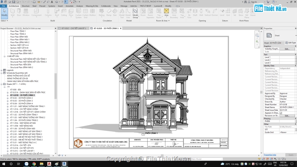 Revit biệt thự 2 tầng,thiết kế biệt thự 2 tầng,file revit biệt thự 2 tầng,Biệt thự 2 tầng mái thái revit 2021,Biệt thự 2 tầng 8.1x11.7m