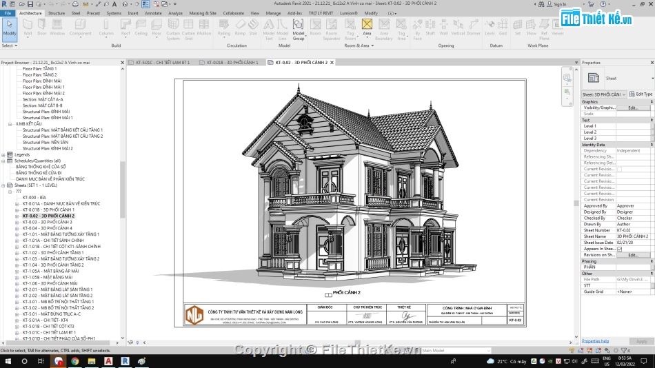 Revit biệt thự 2 tầng,thiết kế biệt thự 2 tầng,file revit biệt thự 2 tầng,Biệt thự 2 tầng mái thái revit 2021,Biệt thự 2 tầng 8.1x11.7m