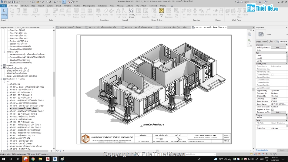 Revit biệt thự 2 tầng,thiết kế biệt thự 2 tầng,file revit biệt thự 2 tầng,Biệt thự 2 tầng mái thái revit 2021,Biệt thự 2 tầng 8.1x11.7m