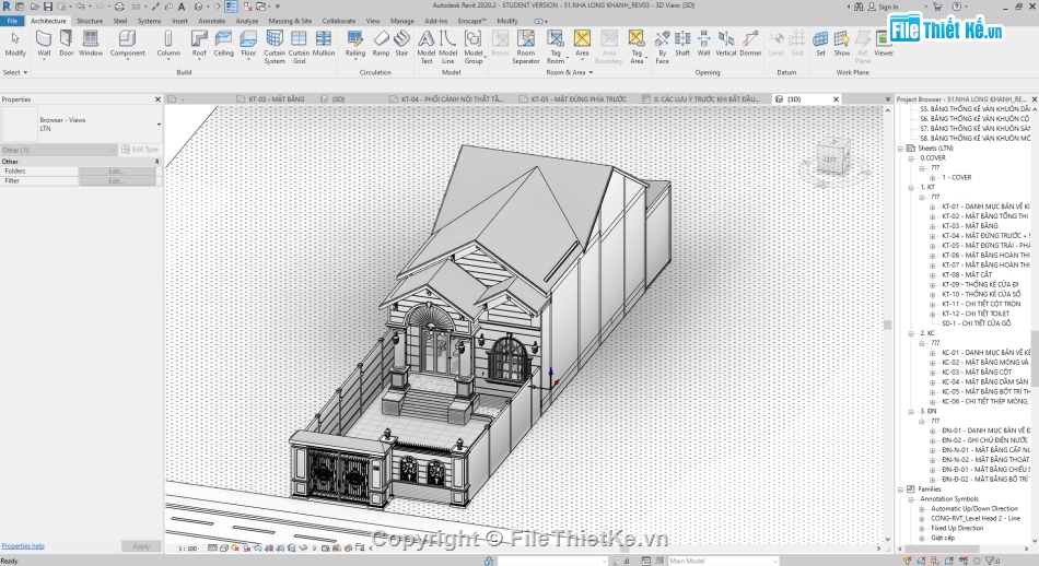 mẫu biệt thự mái thái,Biệt thự mái thái 1 tầng,Nhà mái thái 1 tầng,Revit nhà phố