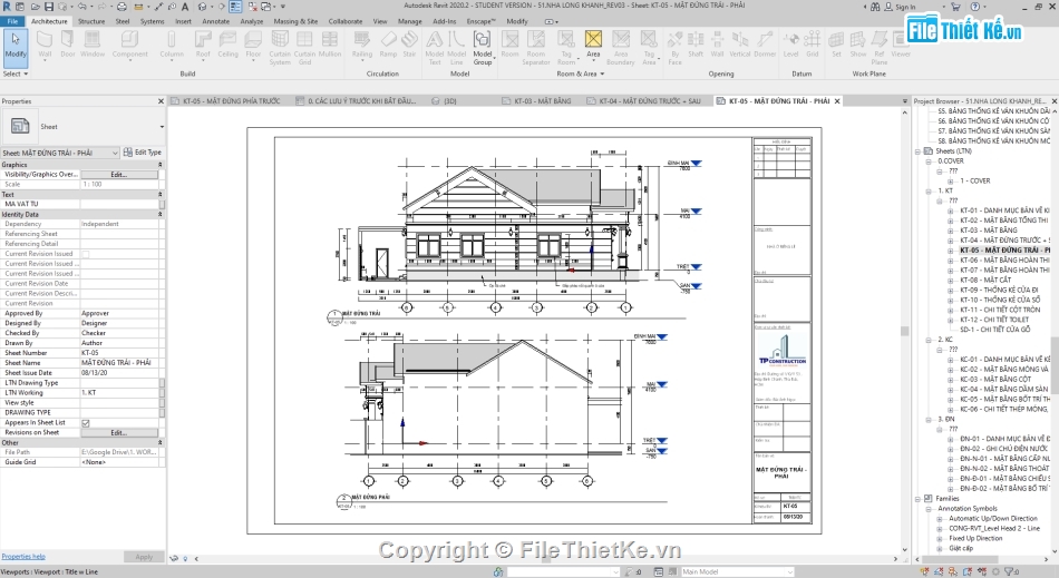 mẫu biệt thự mái thái,Biệt thự mái thái 1 tầng,Nhà mái thái 1 tầng,Revit nhà phố