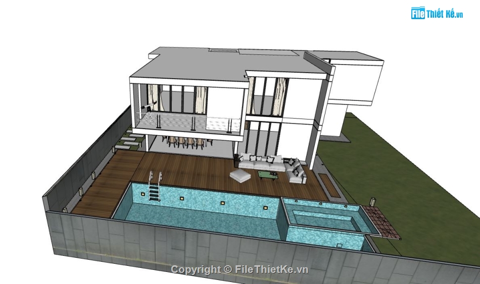 Biệt thự 2 tầng có hồ bơi,File sketchup Biệt thự 2 tầng,Model su Biệt thự 2 tầng 12x17m,Sketchup Biệt thự 2 tầng