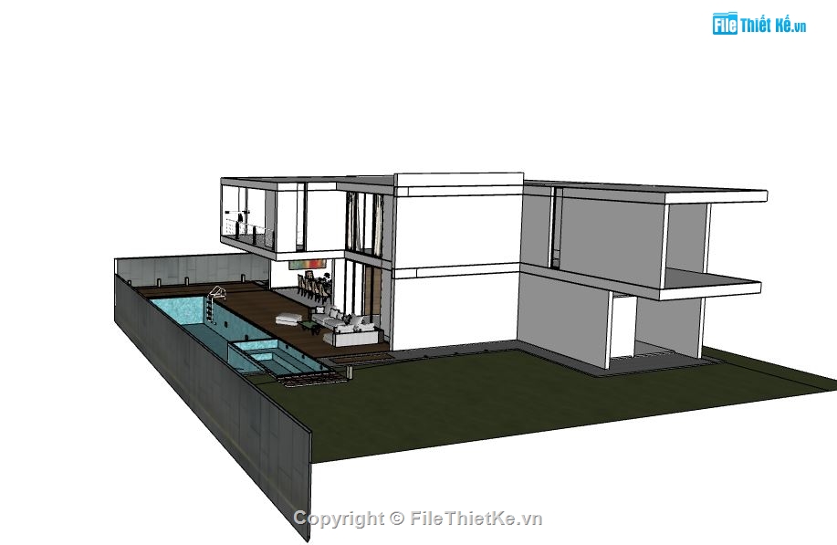 Biệt thự 2 tầng có hồ bơi,File sketchup Biệt thự 2 tầng,Model su Biệt thự 2 tầng 12x17m,Sketchup Biệt thự 2 tầng