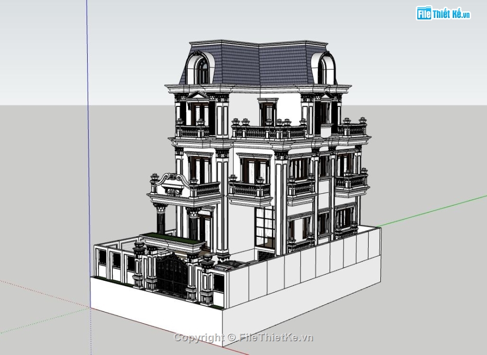 biệt thự cổ điển 3 tầng,biệt thự tân cổ điển,sketchup biệt thự tân cổ điển 3 tầng