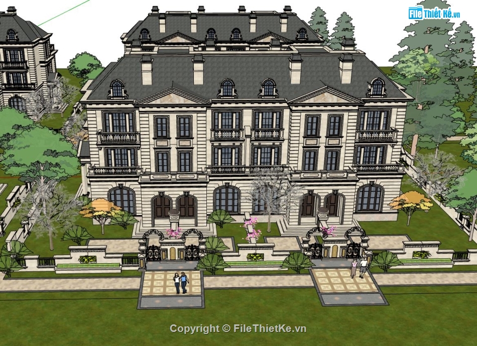 Sketchup biệt thự cổ điển,Sketchup biệt thự cổ,biệt thự 4 tầng,Sketchup biệt thự 4 tầng